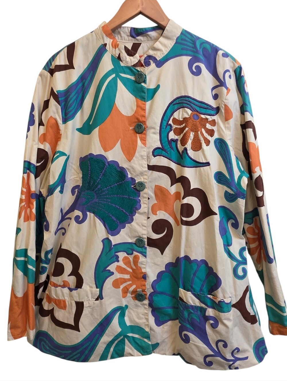 Hearts Of Palm Embroidered  Floral Print Button Up Front Pocket Jacket Sz 18W